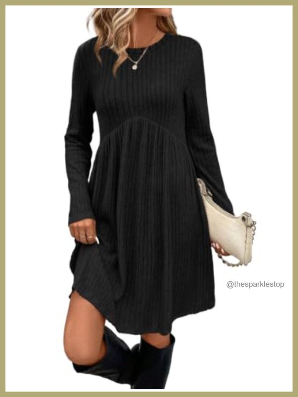 OFEEFAN Long Sleeve Dress for Women Crew Neck Empire Waist Tunic Dress with